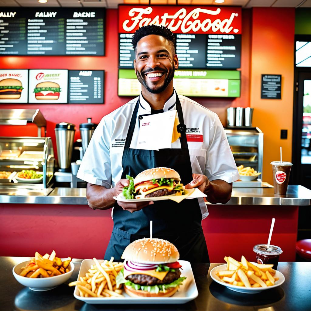 In this photo, the radiantly smiling Lancaster fast food restaurant owner proudly displays a menu of healthy meal choices, surrounded by enthusiastic staff in a clean, contemporary workspace, emphasizing their dedication to providing nutritious options for all, including vegetarian and low-carb selections alongside traditional items.