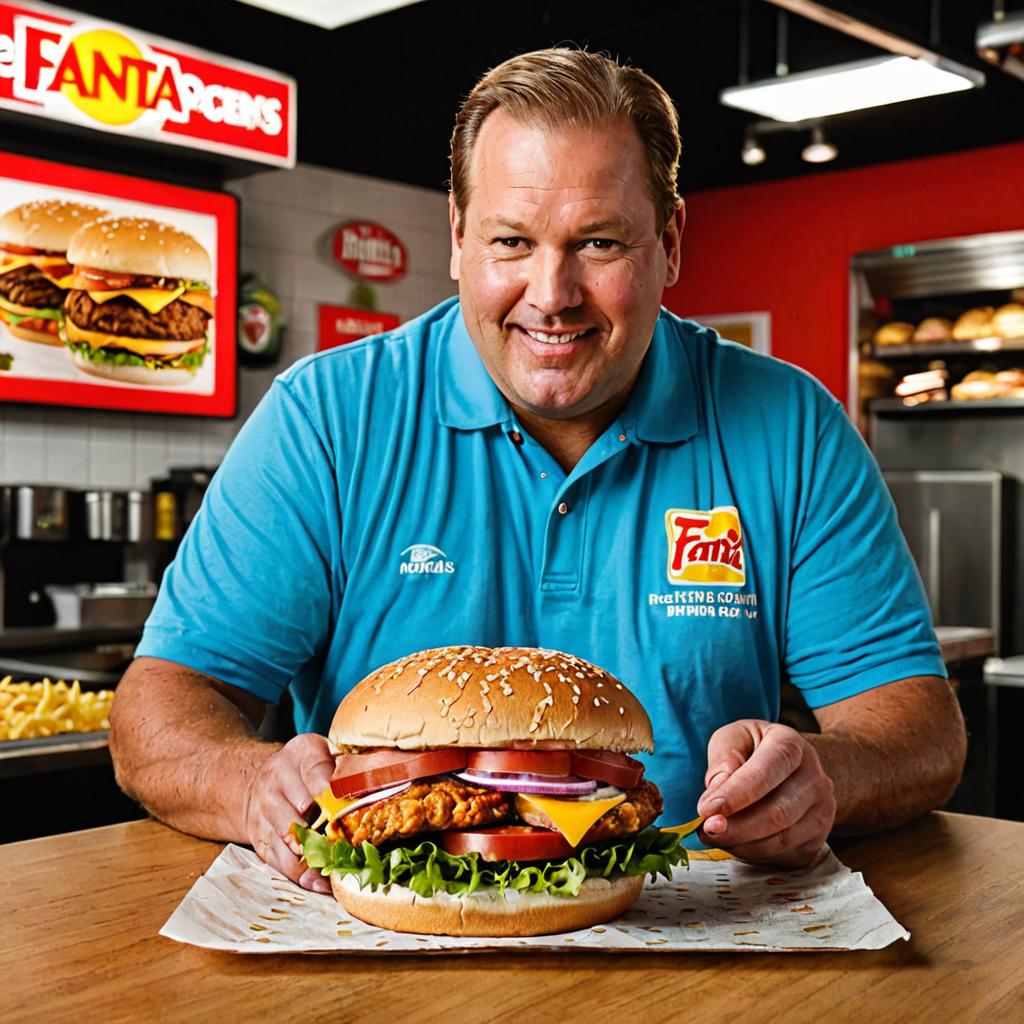 A formerly obese man, Mr. Antonio Woodward, who shed over 15 kilograms through a healthy diet and exercise plan, proudly displays a spicy chicken deluxe sandwich made with premium black pepper at a Kiel fast food bar, symbolizing his shift from unhealthy fast food to healthier alternatives amidst a backdrop of popular fast food options and nutrition tables.