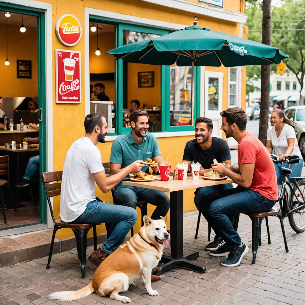 A group of friends savors fast food in Tours after a bike ride, interacting with a dog owner and his pets, amidst a bustling restaurant filled with diverse customers and offering various dishes, healthy options, cold beverages, and mobile food carts.