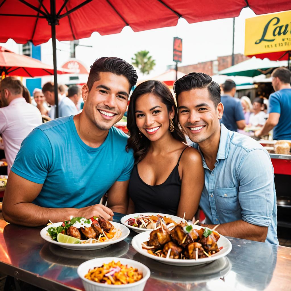 A young couple, Fernando Warre and Luana Vasquez, relish their meals at a food booth in Norfolk, surrounded by various offerings from The Festive Food Group (Thai chicken skewers, Vegan Burritos), Latin Bites (taqueria truck), Dumpling Den (Chinese dumplings), Unforgettable BBQ (slow-cooked ribs, pulled pork sandwiches), and the Sweet Shoppe (desserts). Their expressions reflect their delight in the bustling Norfolk City food scene.
