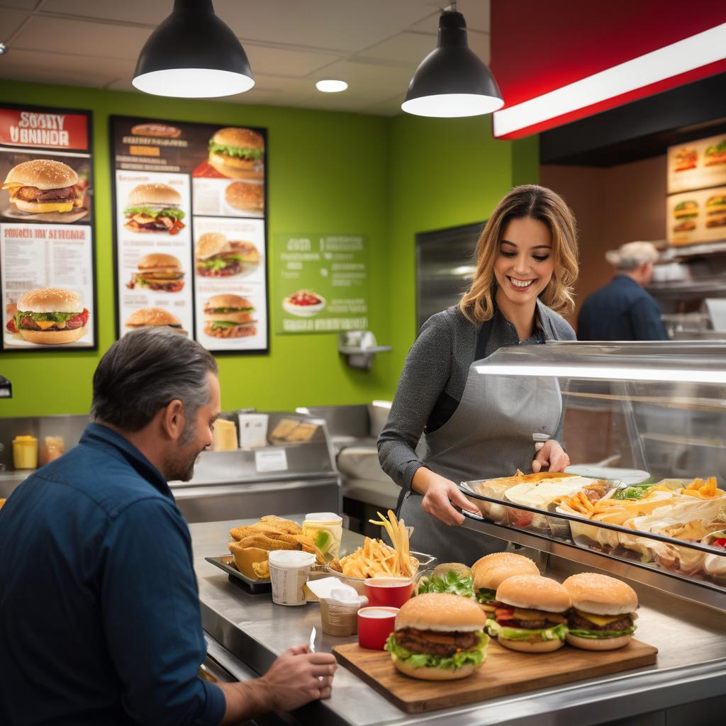At a lively fast-food establishment in Cardiff, a worker prepares orders featuring both meaty bacon cheese burgers and vegetarian shrimp po' boy alternatives amidst bustling activity, catering to diverse preferences while promoting healthier choices.