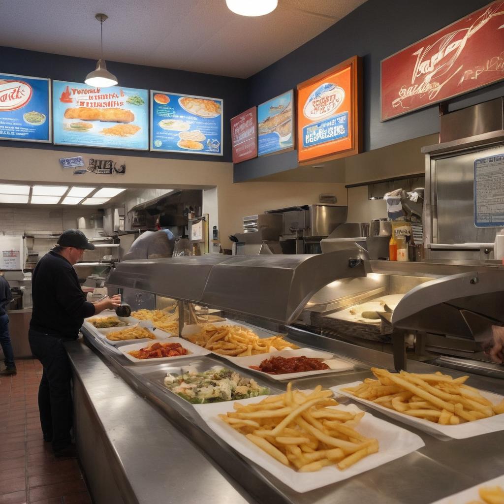 This image showcases a bustling fast-food Fish and Chips restaurant in Salem Virginia, with an outdoor neon sign, long customer queue, staff preparing fresh fish and fries, aromatic air filled with conversation, and an assortment of condiments, while colorful posters emphasize the commitment to quality ingredients.