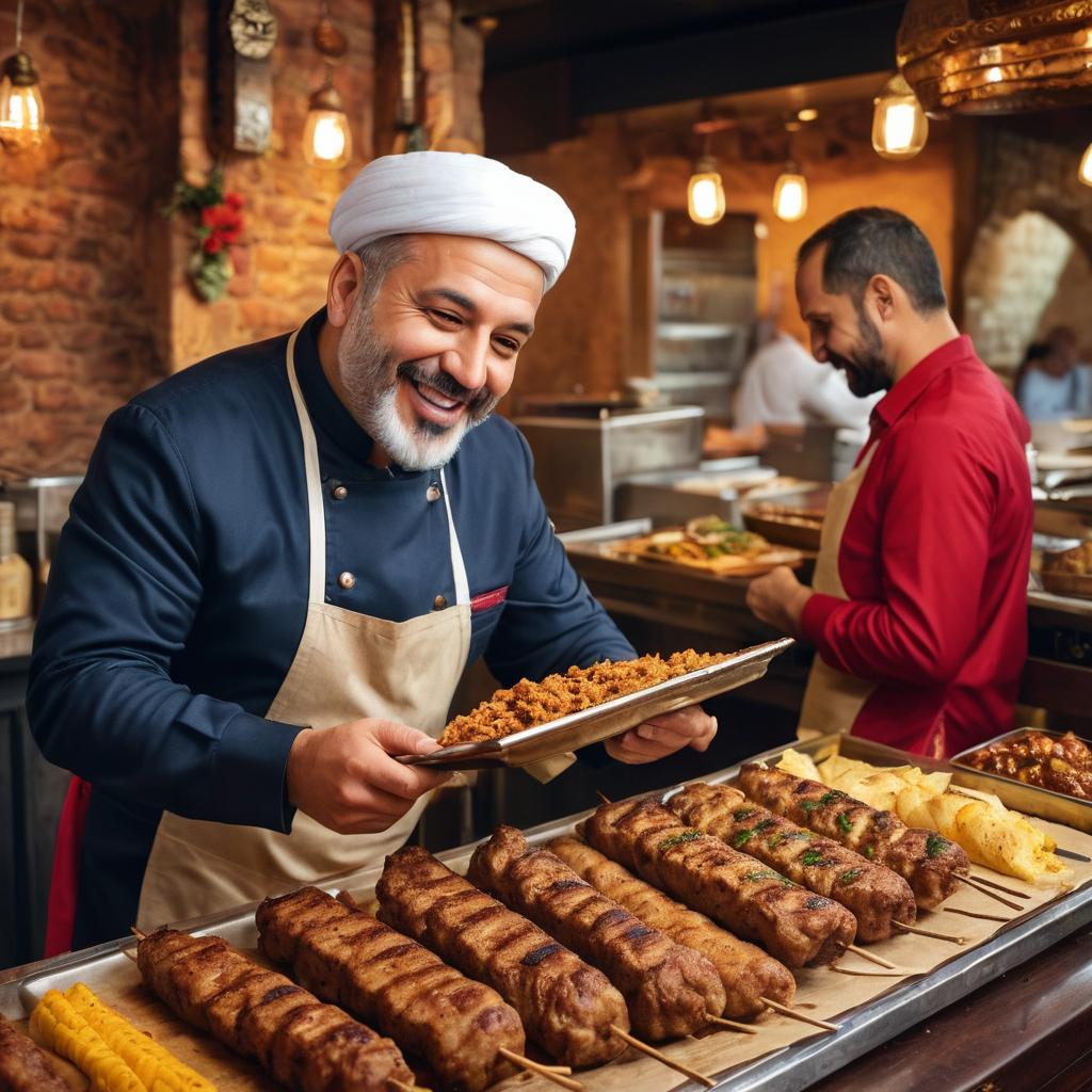 A man with a warm smile hands over a piping hot Turkish kebab in soft pita bread at Istabul Kebab House in Gloucester, while the aroma of halal, authentic spices wafts through the air and customers dine in a cozy, vibrantly decorated atmosphere.