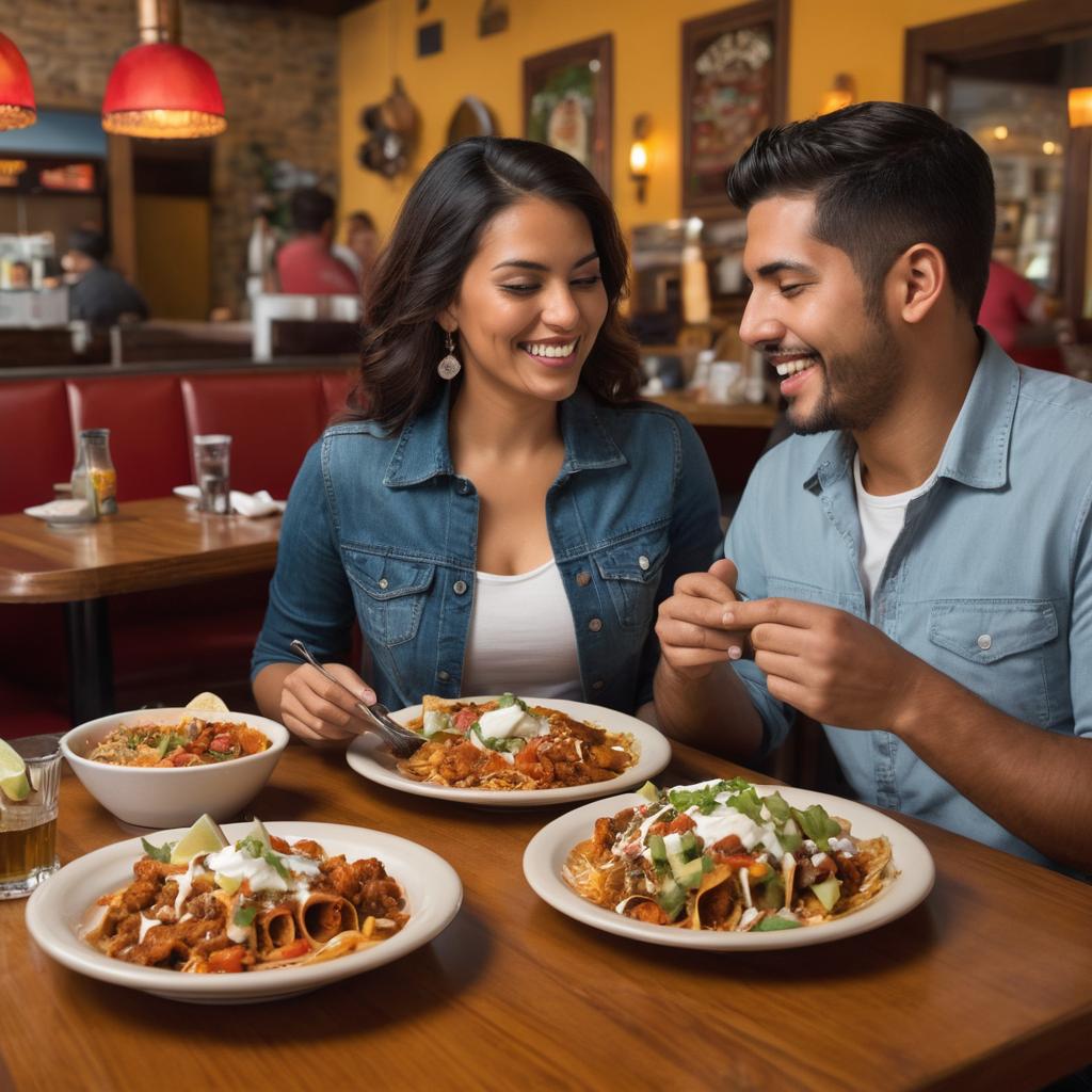 A young couple at El Puerto Mexican Restaurant in Staunton, Virginia, share a moment of enjoyment as they savor authentic Mexican dishes - taquitos, enchiladas, and sizzling fajitas - while Mariachi music plays softly in the background amidst the bustling city scene.