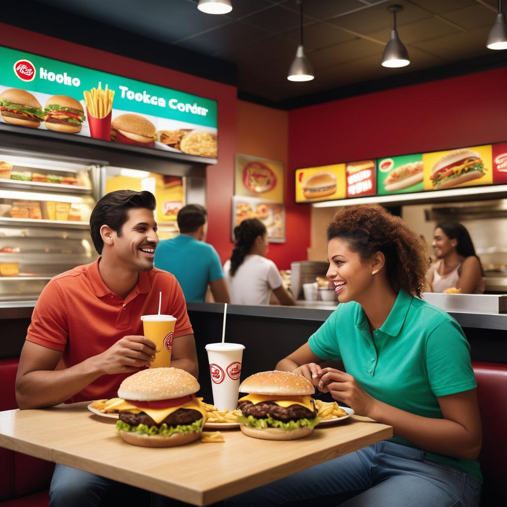 In Hamm's bustling fast-food establishment, locals engage in lively conversations over a diverse selection of calorie-laden meals, from burgers and fries to pizzas and tacos, displayed on the menu board.