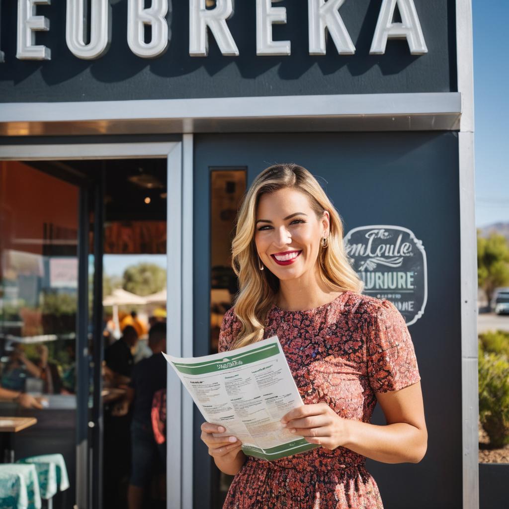 A person excitedly examines EuReKa! restaurant's healthy burger menu outside, while others dine inside and wait to be seated beneath the 