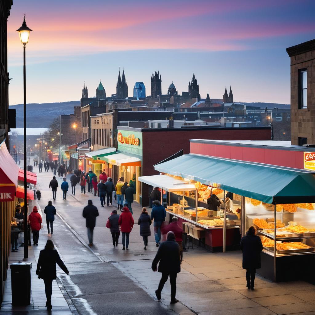 The image portrays a bustling Dundee street filled with fast food establishments and trucks, where customers eagerly grab orders or dine al fresco amidst long lines for food trucks, all set against the backdrop of the city's towering skyline.