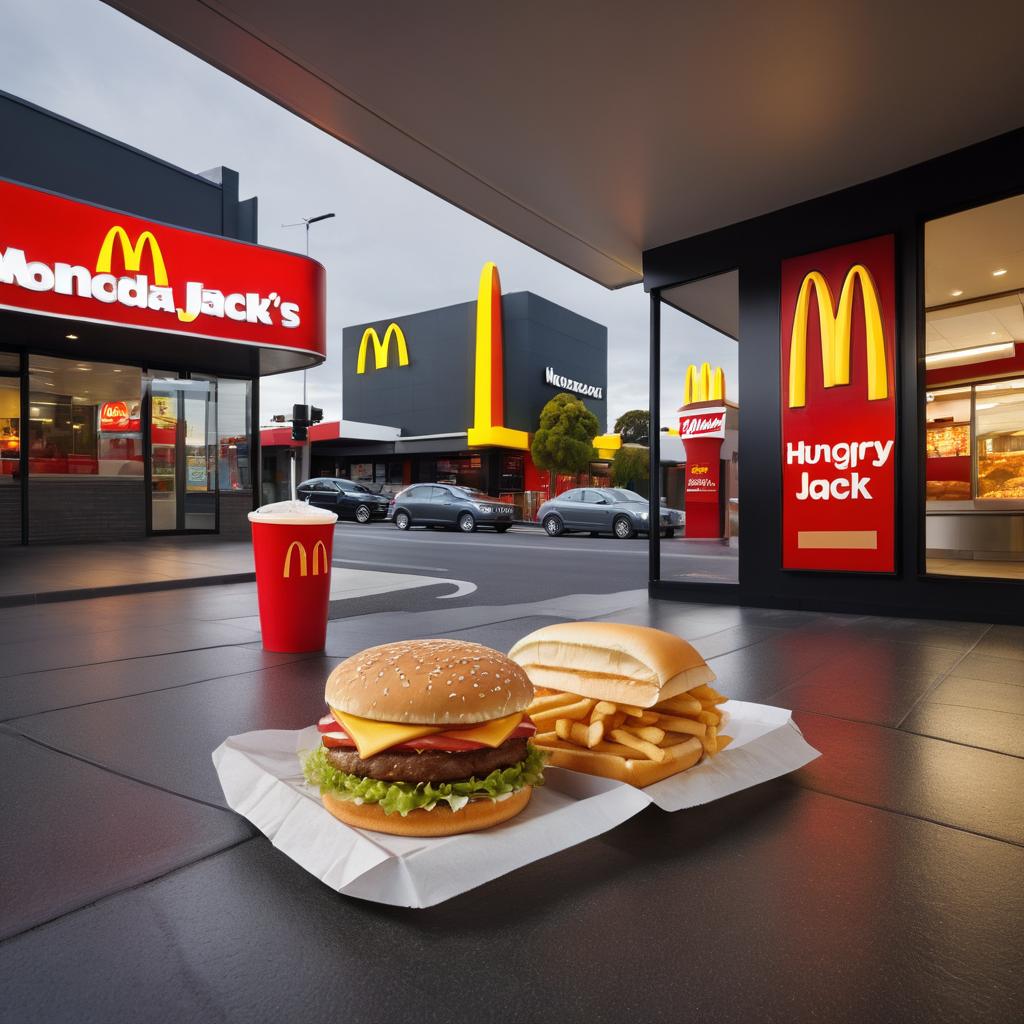 In this photograph, McDonald's and Hungry Jacks, two leading fast food chains in Perth, stand adjacent with their vibrant logos and iconic structures, symbolizing the ongoing local discourse over which establishment offers superior sustenance, as an abandoned food tray nearby hints at the ongoing competition.