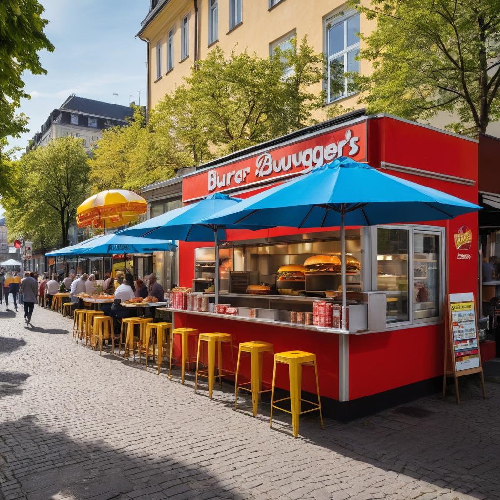 This image showcases a lively outdoor scene in Wuppertal with tables set up under colorful umbrellas, surrounded by a popular fast food truck named 