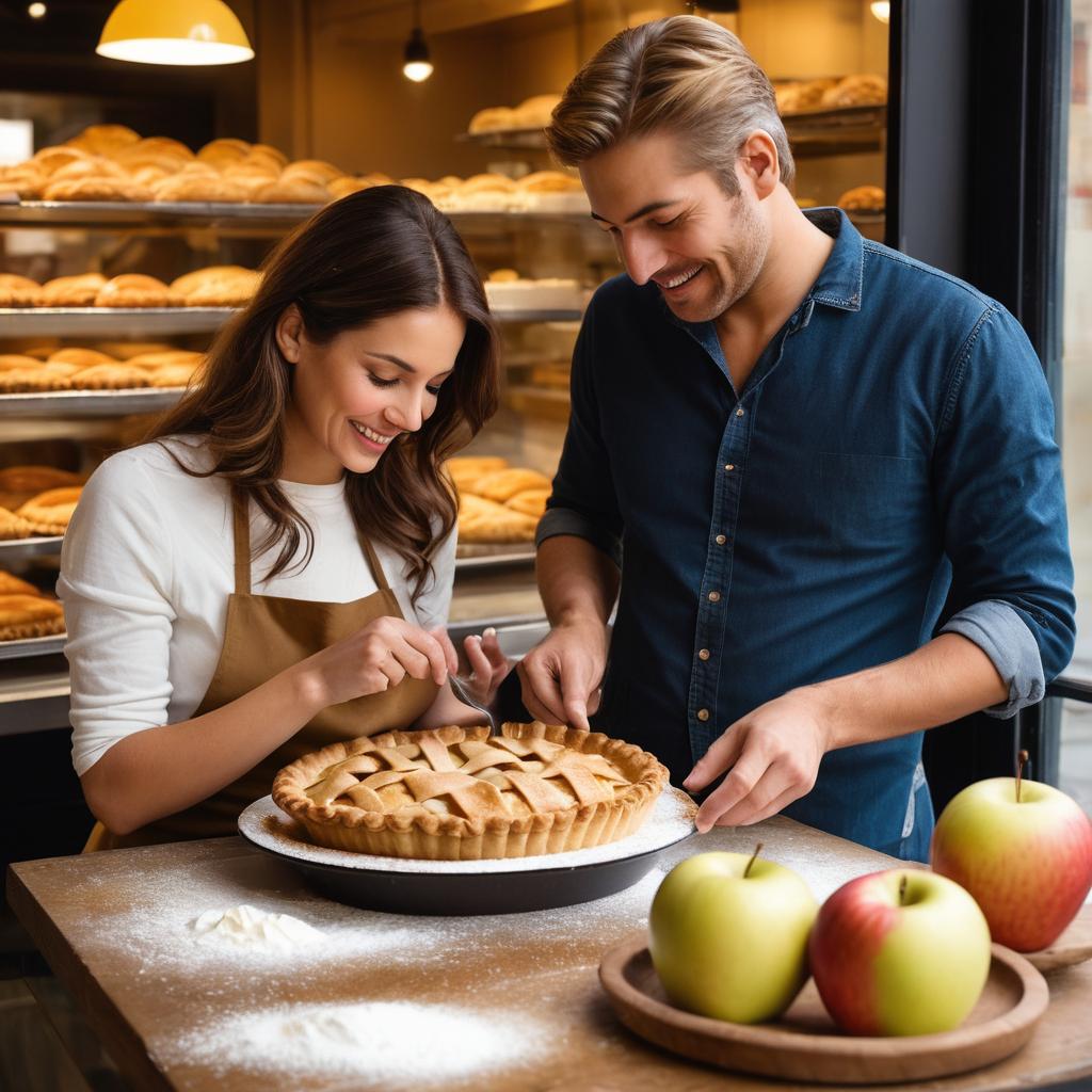 Amidst the bustling fast food scene in Reims, a quaint bakery specializes in crafting the best baked apple pie with an elderly artisan's tender touch, as a young couple eagerly anticipates savoring this timeless delight.