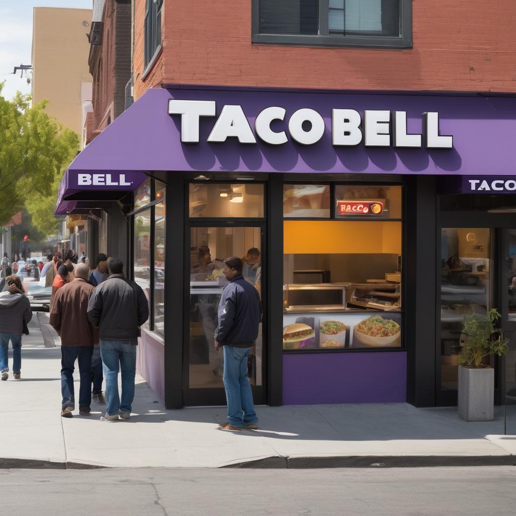 A busy Berkeley street scene features Taco Bell's logo and waiting customers, conveying fast food's convenience yet raising health concerns.
