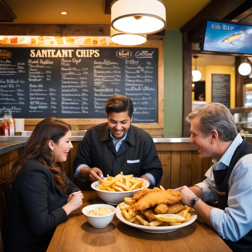 At Concord's lively fast-food joint, patrons relish golden fish and chips in friendly surroundings; the owner prepares batters, while chalkboard menus detail nutritional info and England's rich fish & chip history unfolds.