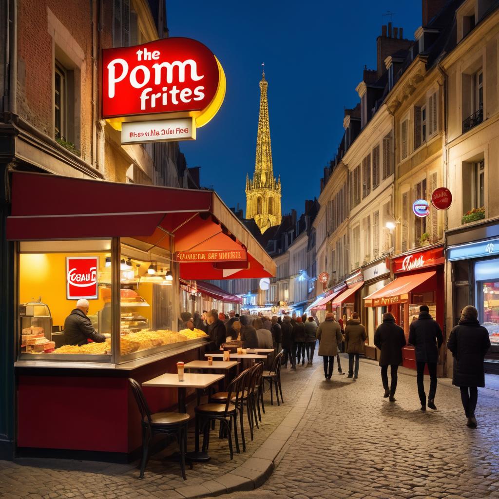At Pom Frites in bustling Amiens, France, patrons celebrate special moments and grab quick meals amidst lively surroundings, with images showcasing their food and city's skyline or street signs.