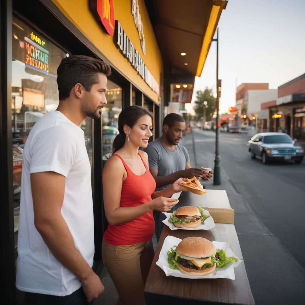 A young couple debates between indulging in a classic burger or trying something healthier at a trendy fast food joint in downtown Sacramento, symbolizing the ongoing challenge of balancing convenience and nutrition.