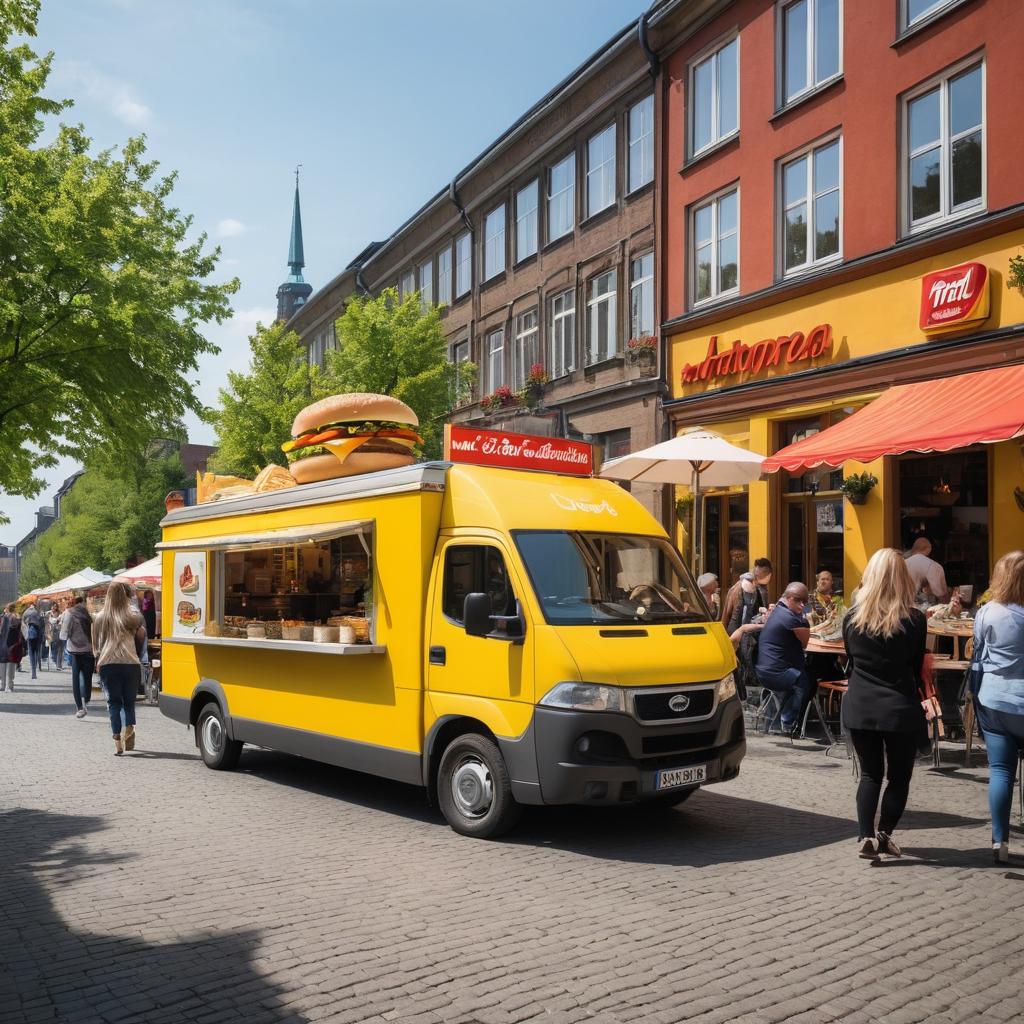 The photograph showcases a bustling street in Duisburg teeming with fast-food chains, food trucks, and Nuh's Thai Schnellrestaurant, where Aurora Bowen and diverse crowds indulge in quick meals, take photos, and embody the city's fast-paced lifestyle while emphasizing the significance of balanced nutrition.