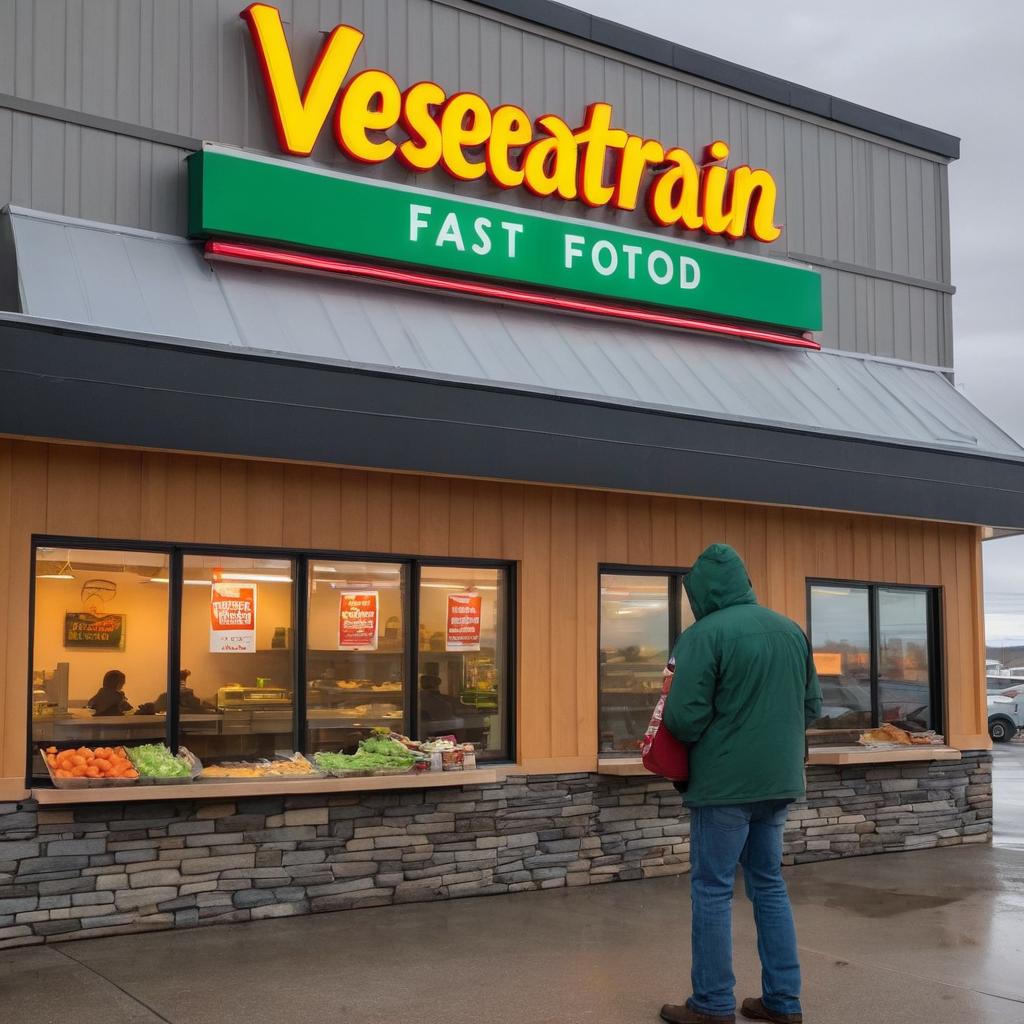 A person in Wasilla stands outside a modern vegetarian fast food restaurant, holding a colorful takeout bag and looking satisfied, while gray clouds loom overhead; inside, customers line up to order fresh veggie dishes from the inviting eatery.