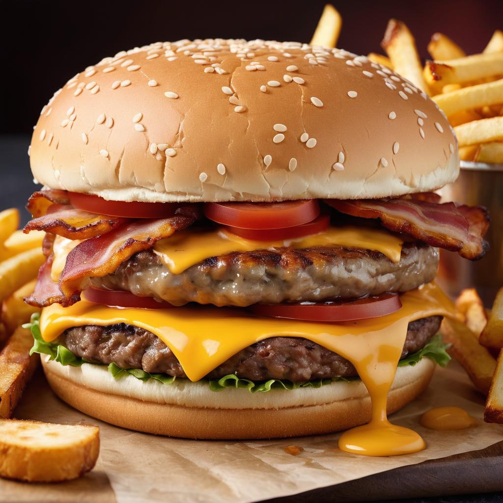 A close-up image of a mouthwatering bacon cheese burger and fries from a popular fast food restaurant in Chichester, with the name displayed on the packaging, showcases a perfectly cooked burger with melted cheese and crispy bacon while the steaming hot fries hint at the satisfying meal experience.