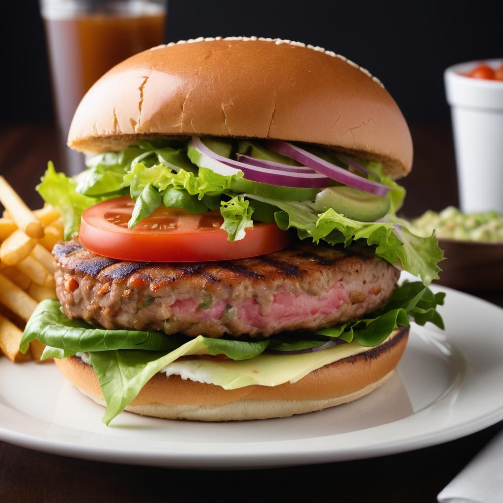 This close-up image at Local Choq and Grill House in Harrisonburg showcases a nutritious ham-burger with a locally sourced grass-fed beef patty, topped with fresh produce, accompanied by seasonal vegetables.