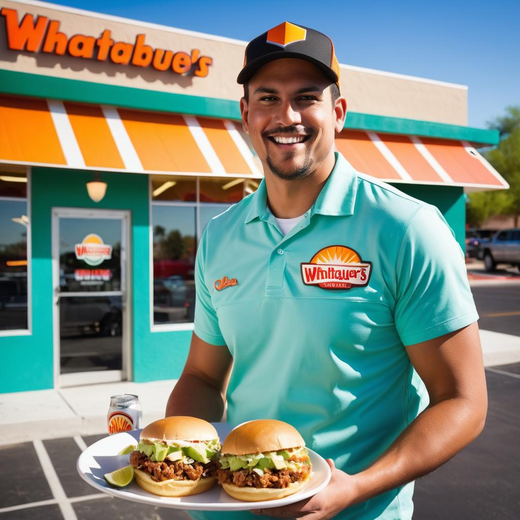 A bustling Mesa scene features Braydon Cantrell outside Whataburger, holding a doughnut and lettuce, as fast-food growth flourishes since 1997; inside, Jalapeno Bucks serves warm tacos & margaritas, La Mesas Torritlas offers affordable authentic Mexican dishes, Tacos Chiwas provides unique Mexican inspired fare, and Mango's Mexican Cafe delights with modern twists on tradition.