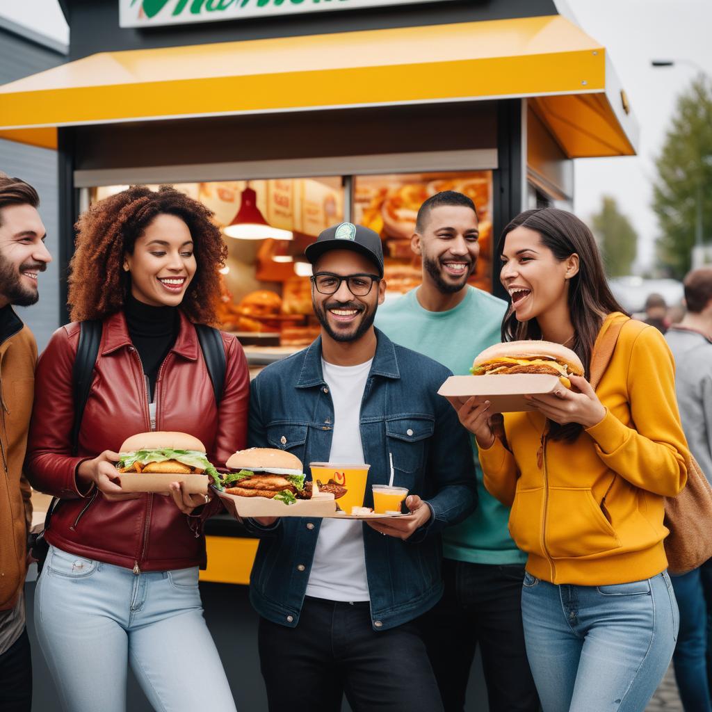 A vibrant scene of Monchengladbach residents in front of a fast food restaurant discuss their various experiences with vegetarian options, one holding a spicy chicken sandwich, as a nearby food truck offers honey BBQ chicken.