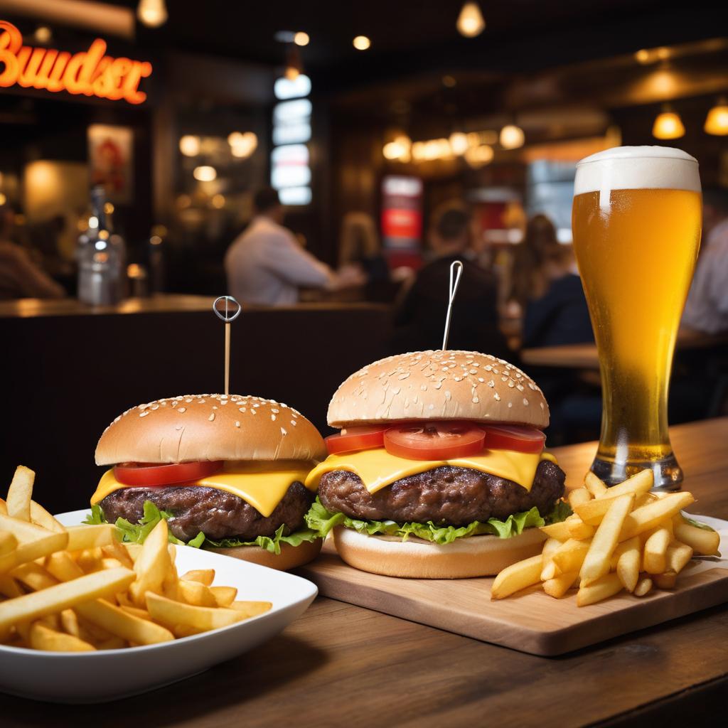 At Budweiser Garden in Hamburg, patrons savor diverse fast-food offerings from burgers to pretzels, as depicted by this scene featuring a satisfied customer enjoying a burger, fries, and beer. Hamburg's culinary scene encompasses both local German dishes and American imports, with popular chains like Liefküche and Burgermeister Kölle catering to the city's love for dining out.