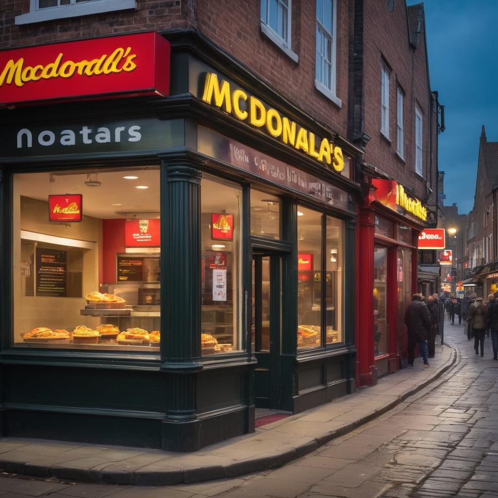A bustling York UK street scene is frozen in time, featuring McDonald's and other fast food chains alongside local restaurants, showcasing the city's unique blend of historic charm and modern conveniences.