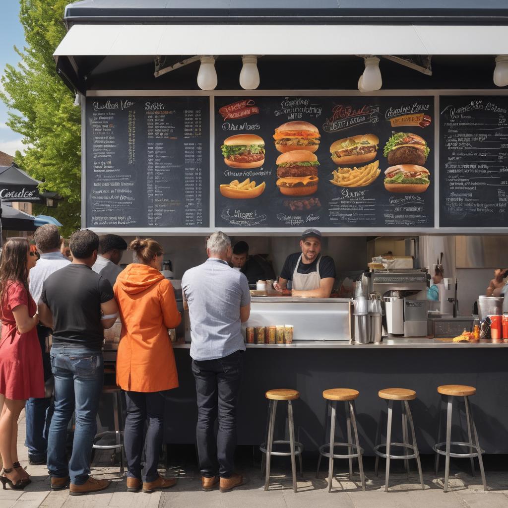 At a bustling fast food establishment in Winchester UK, patrons line up to order from the counter while others dine outside, with menus featuring Thai curry and sub options plus Sprite, Fanta, beer, and a food truck offering burgers and fries, illustrating the area's thriving fast food scene since 2010.