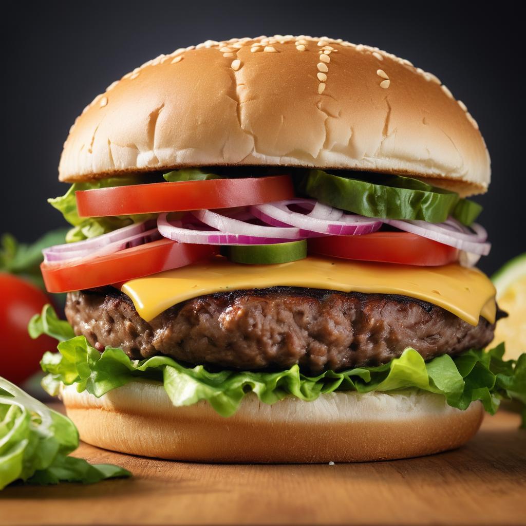 This freeze-frame photograph features a tantalizing, nutritious hamburger with fresh vegetables and a lean meat or plant-based patty against a bright backdrop, accompanied by a list of healthier fast food choices in Leipzig and suggestions for balanced eating, such as limiting saturated fats.