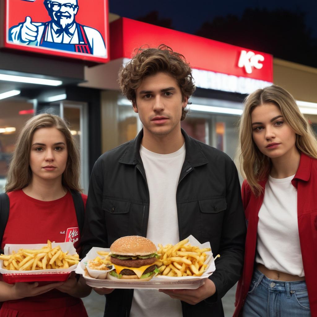 A disheartened group of friends, including Parker, Jonah Halen, Sofia King, and Kaylee Wyatt, gather outside a crowded KFC restaurant in Salford following an unsatisfying meal, expressing their disappointment with the food's quality as they share their concerns about unhealthy fast food choices within their community.