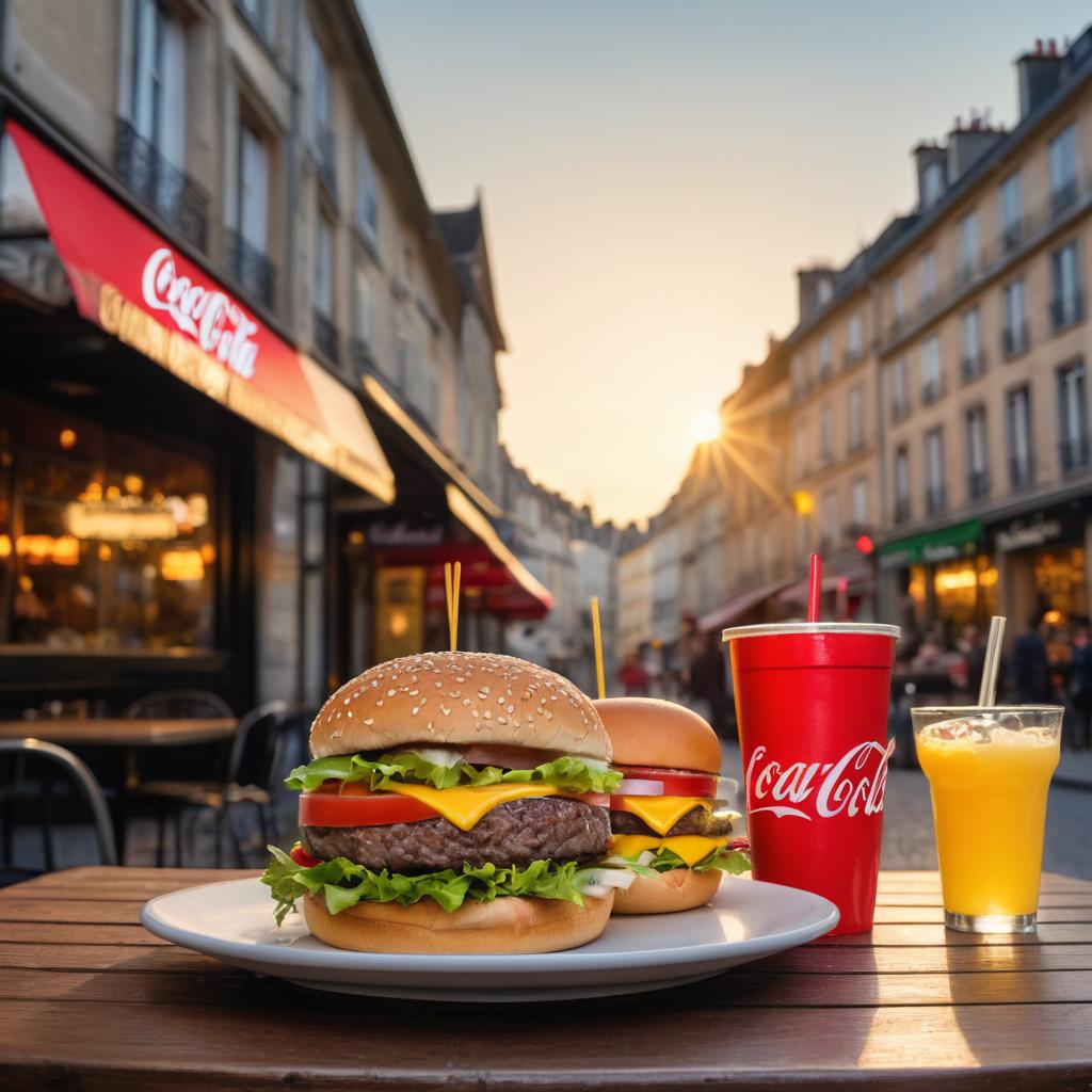 A couple enjoys double cheeseburgers sans eggs at Le Lézaard Vert in Angers, France, with a sunset backdrop and a Coca-Cola, symbolizing the increasing emphasis on healthier fast food choices.