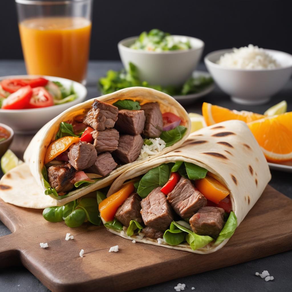 A person savors a juicy lamb kebab wrapped in pita bread, accompanied by rice, salad, and an orange crush, at Istanbul Grill food truck in Lubbock amidst other local eateries under a clear, warm sky.