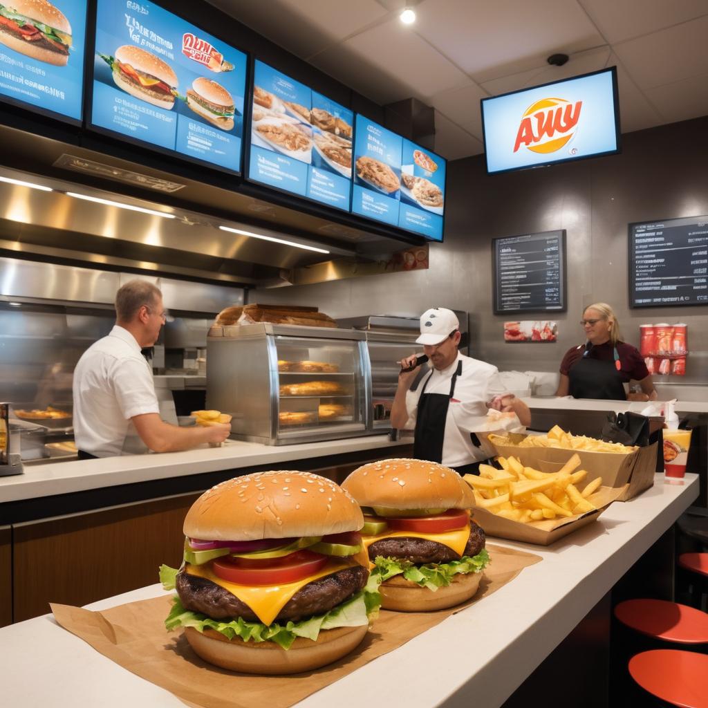 During Erfurt's lunch hour, a fast food restaurant bustles with activity, as customers order efficiently from various menus, including vegetarian options and healthier alternatives, while employees prepare meals at a quick pace, creating an energetic atmosphere with children's play area nearby.