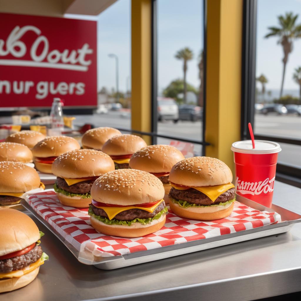 At a red and white checkered-tableted OceanSide home, In-N-Out Burgers' hamburgers are being prepared with ketchup, napkins, forks, and golden arches visible outside via a window; 