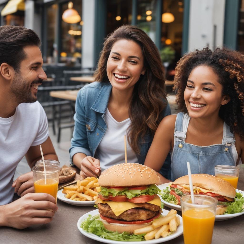 A lively scene at Montreuil's Chicken Spot restaurant showcases friends savoring vegetarian meals and laughing, with a mother and child playing nearby; the vegetarian-friendly establishment is known for its delicious food, kid's area, and excellent reviews.