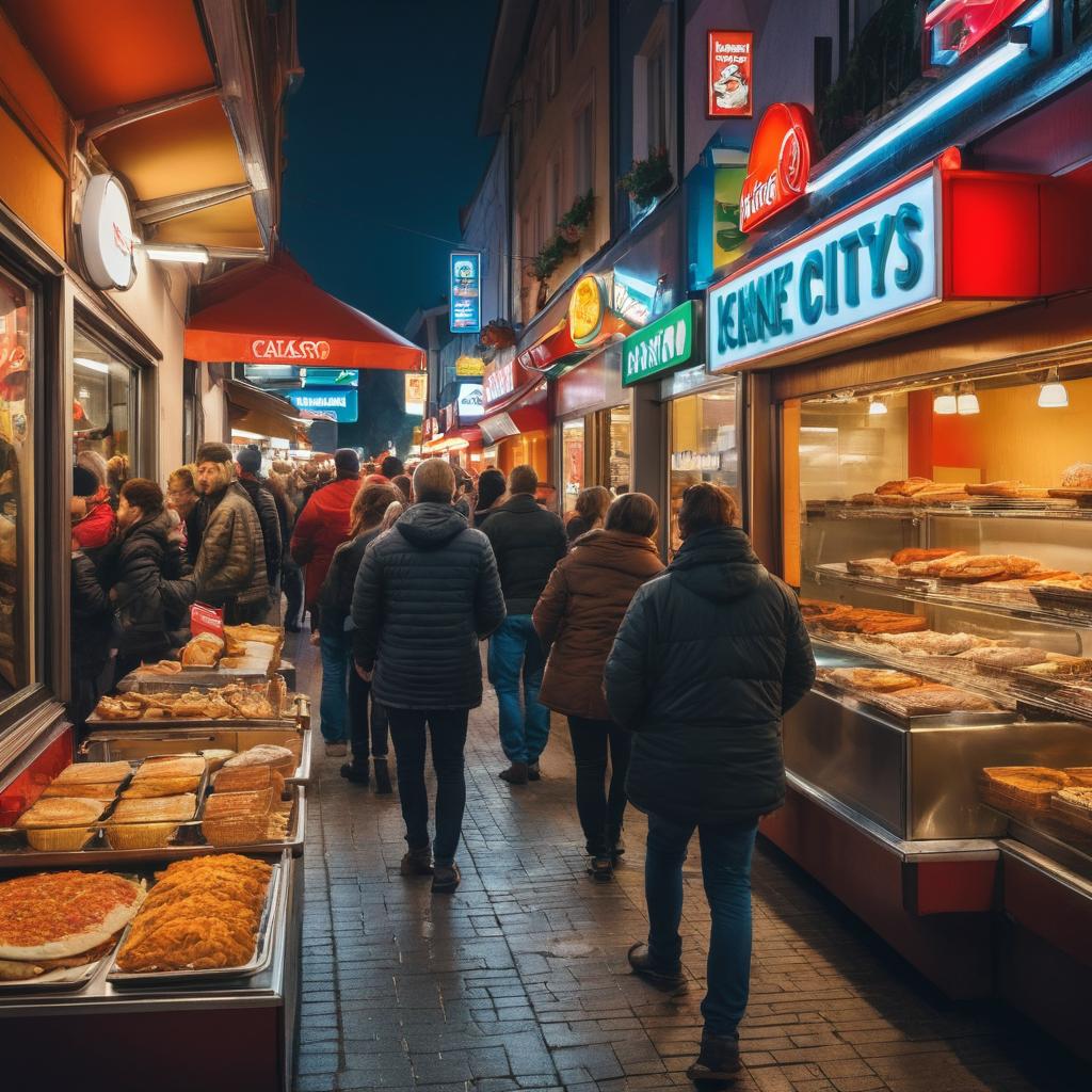 A diverse crowd gathers outside bustling KFC and various Mexican restaurants like Taqueira Jalisco, Casa Mexicana, El Pescador, and Taco's and More in vibrant Leverkusen, symbolizing the blend of tradition and innovation in modern fast-food culture.