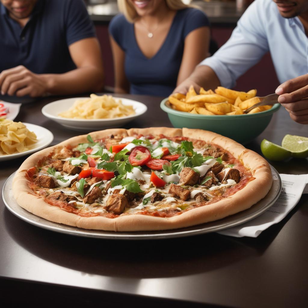 In this lively Del Taco restaurant in Victorville, a couple savors chicken fingers and parmesan potatoes, a man enjoys an eggplant pizza, friends discuss favorites over Turkish kebabs, and patrons engage amidst healthy nutritional options displayed on the walls, all surrounded by the inviting aroma of spices and herbs.