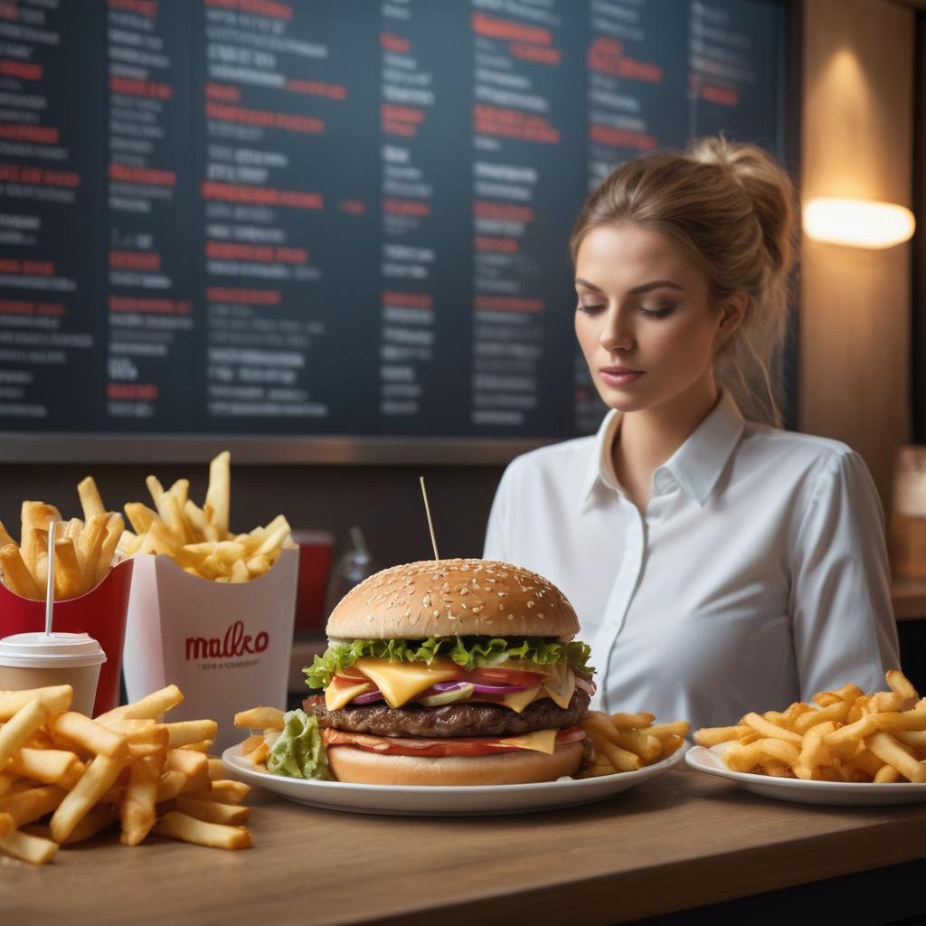 The image portrays the moment of indecision for a person in front of a fast-food menu board, encircled by an array of alluring but unhealthy options, representing the dilemma and confusion often experienced when choosing quickly from such enticing selections.