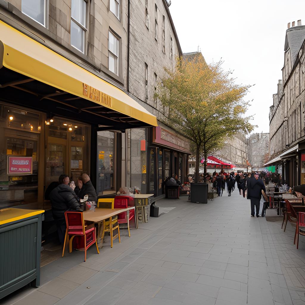 This vibrant image showcases Edinburgh's dynamic culinary landscape, as fast food joints and food trucks mingle among grey stone buildings, with friends eagerly holding their orders from a popular hamburger spot, while others relax at outdoor cafes under the sun, amidst the bustling activity of the city.